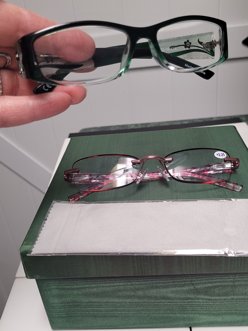 Pink Frame Reading Glasses with Matching Pink Sleeve & Green Glasses